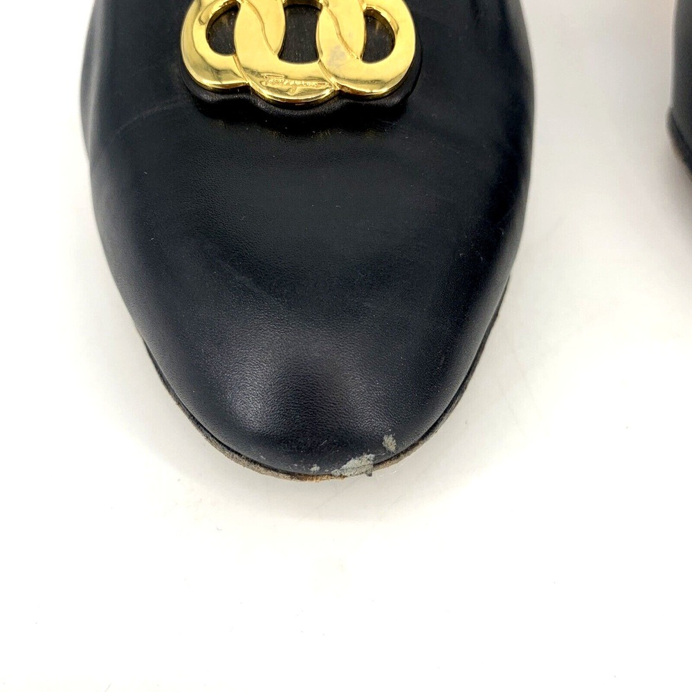 Salvatore Ferragamo Women Matita Black Leather Heel Gold Metal Logo Ring 10 B - Picture 6 of 16